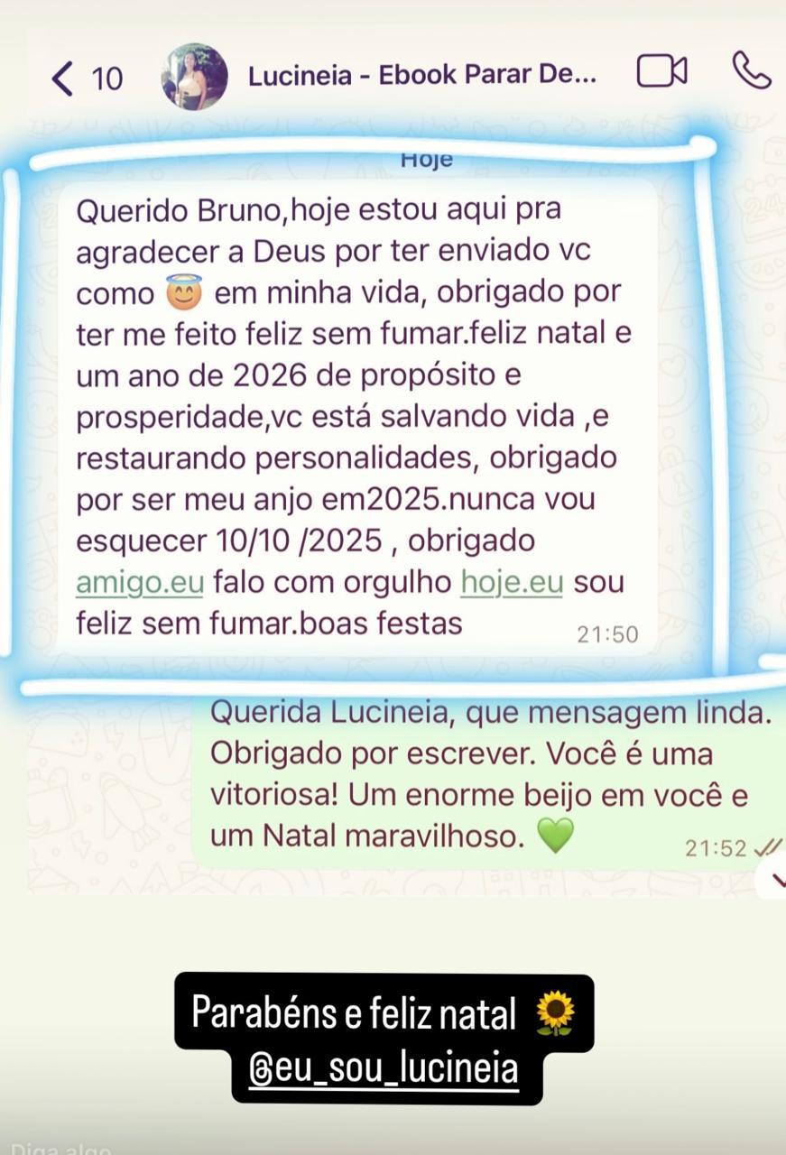 Print de WhatsApp: Lucineia agradecendo Bruno por ter ficado feliz sem fumar