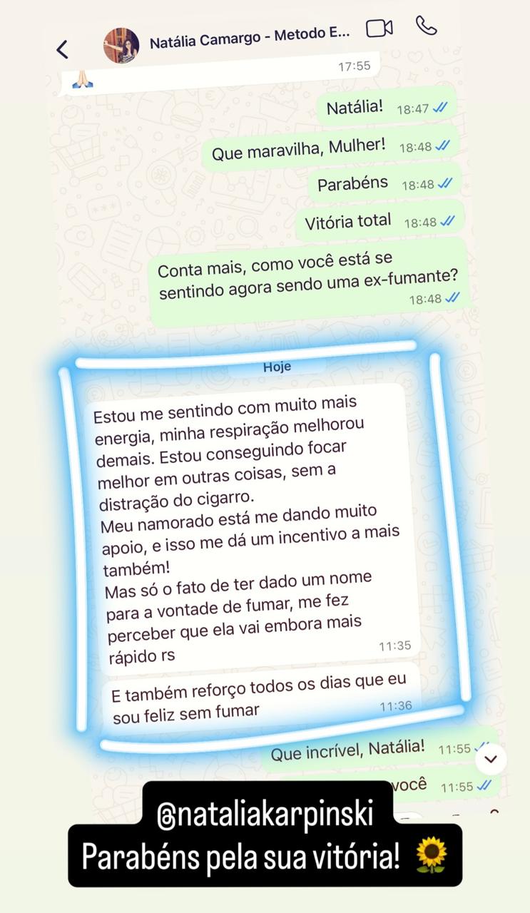 Print de WhatsApp: Natália relatando mais energia e respiração melhor depois de parar