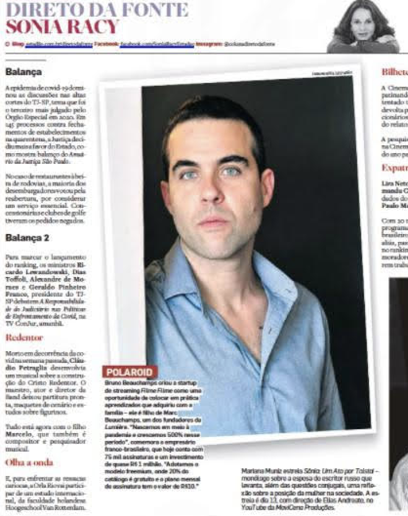 Matéria sobre Bruno Beauchamps no jornal O Estado de São Paulo, coluna Direto da Fonte por Sonia Racy